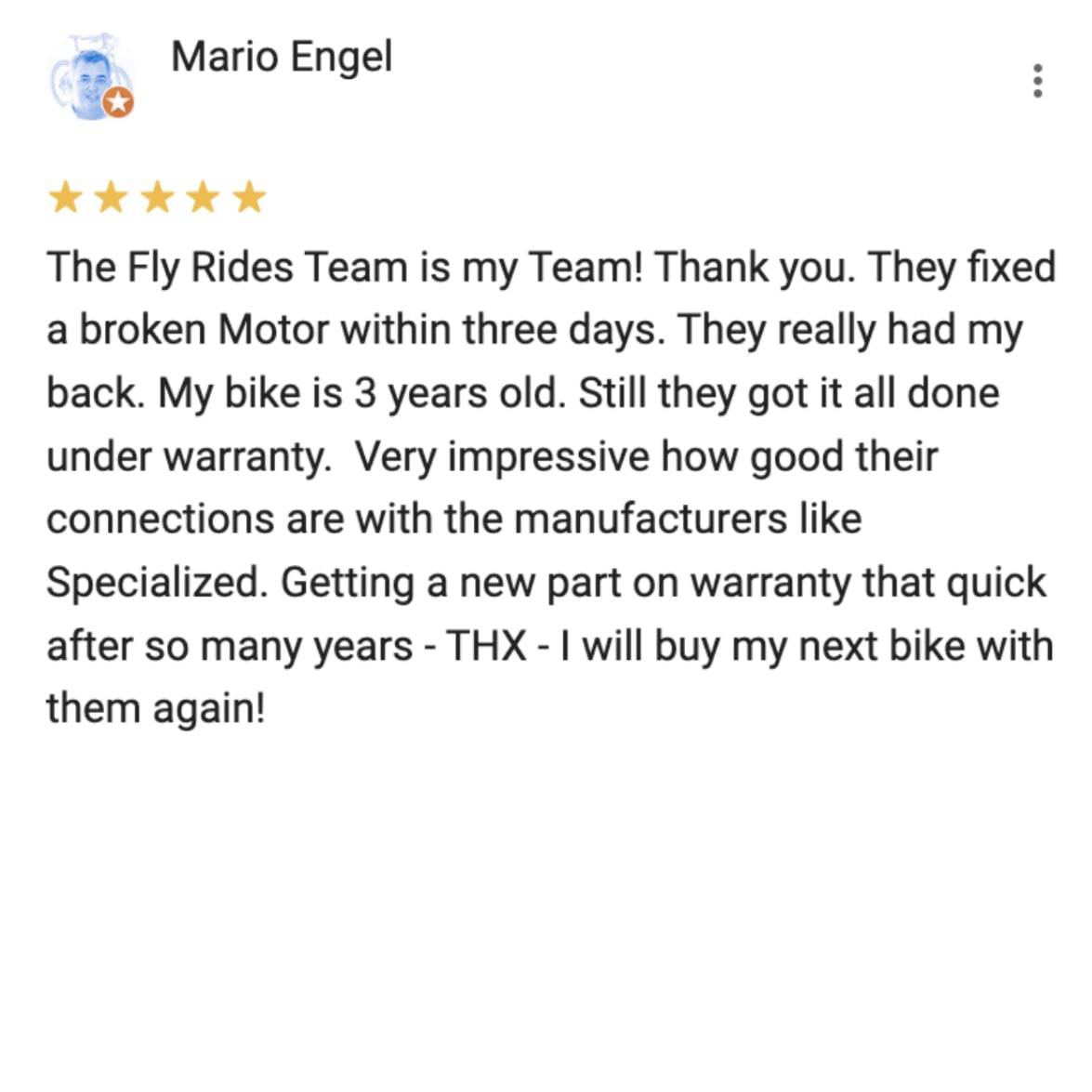 Customer Review by Mario talking about his positive experience with the eBike Service Team at LA Fly Rides