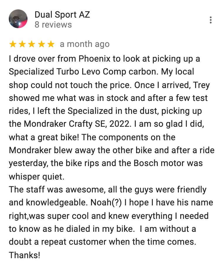 Fly Rides USA Customer Review about the Mondraker Crafty SE eBike