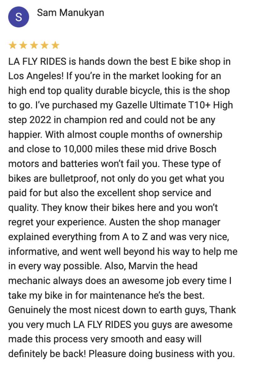 Sam LA Fly Rides Customer Review