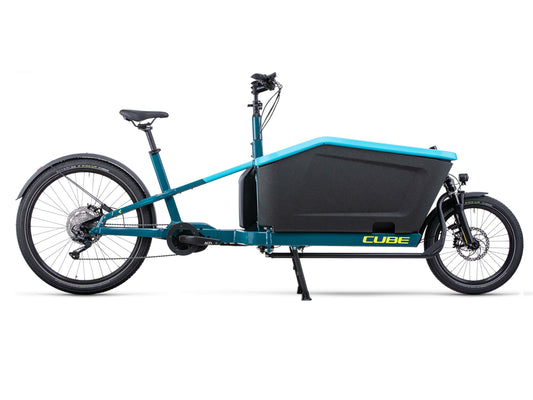 Cube Cargo Sport Hybrid 500 eBike Blue and Lime profile on white background on Fly Rides