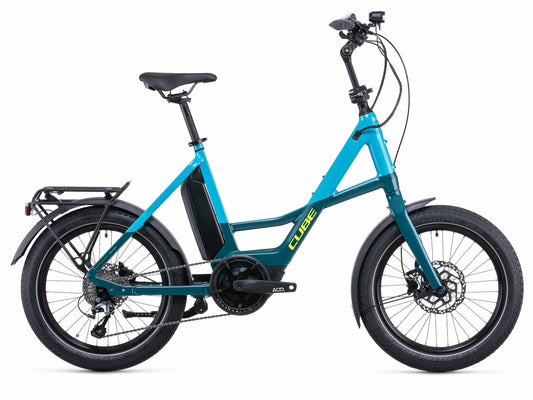 Cube Compact Sport Hybrid 500 eBike Blue and Lime profile on white background on Fly Rides