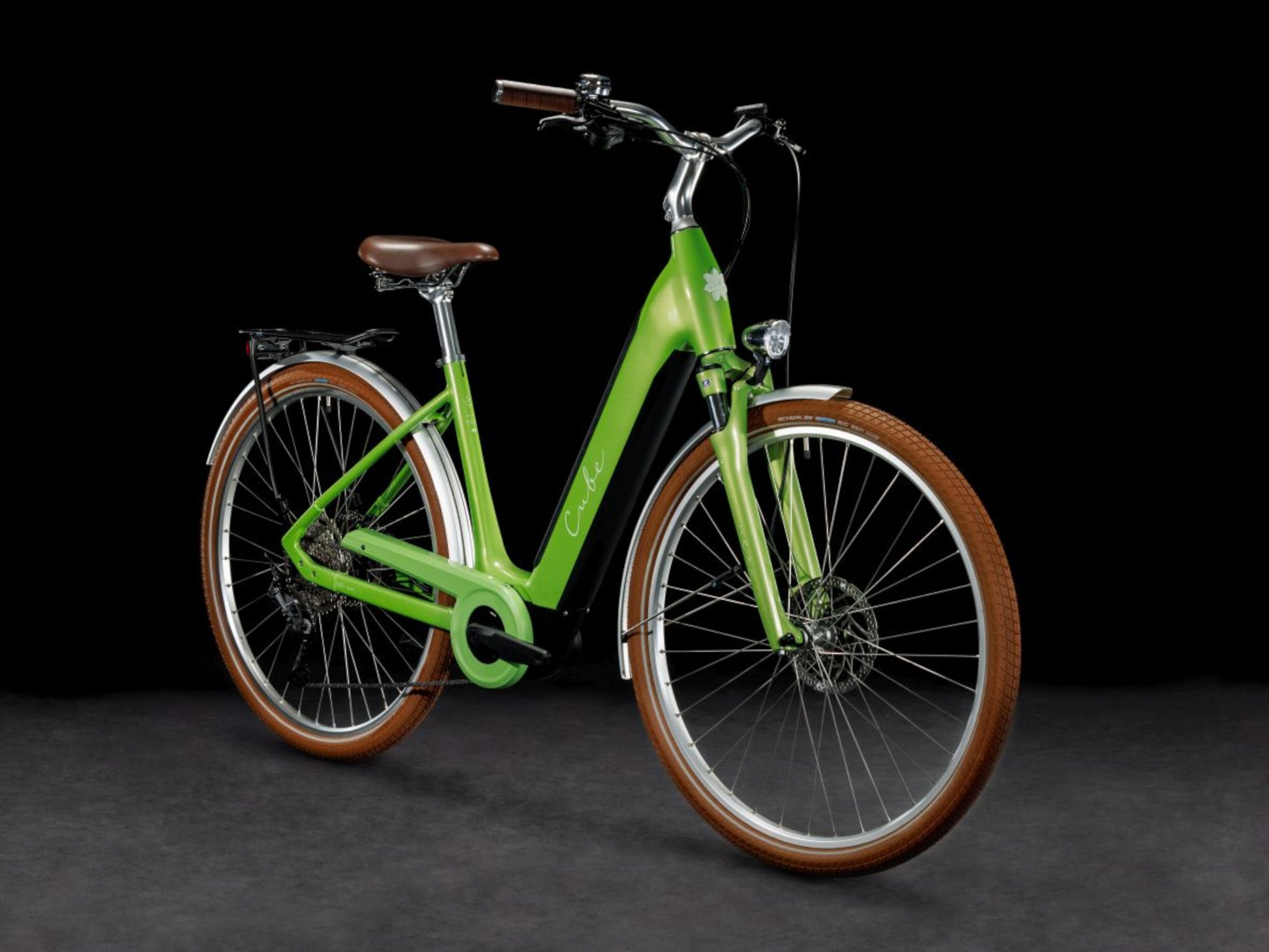 Cube Ella Ride Hybrid 500 eMTB hardtail green n green front right side profile on Fly Rides