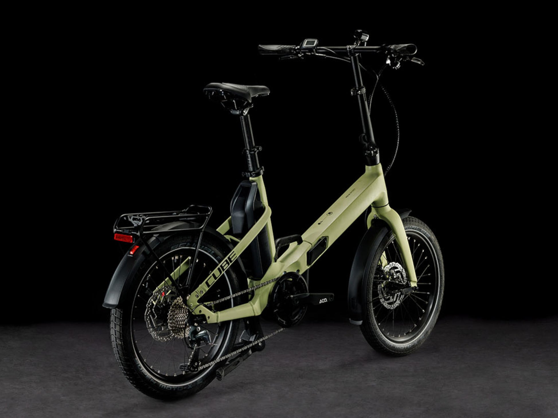 Cube Fold Sport Hybrid 500 electric bike green n black back right side profile on Fly Rides