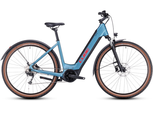 Cube Nuride Hybrid Performance 500 Allroad Easy Entry eMTB hardtail metalblue n red side profile on Fly Rides
