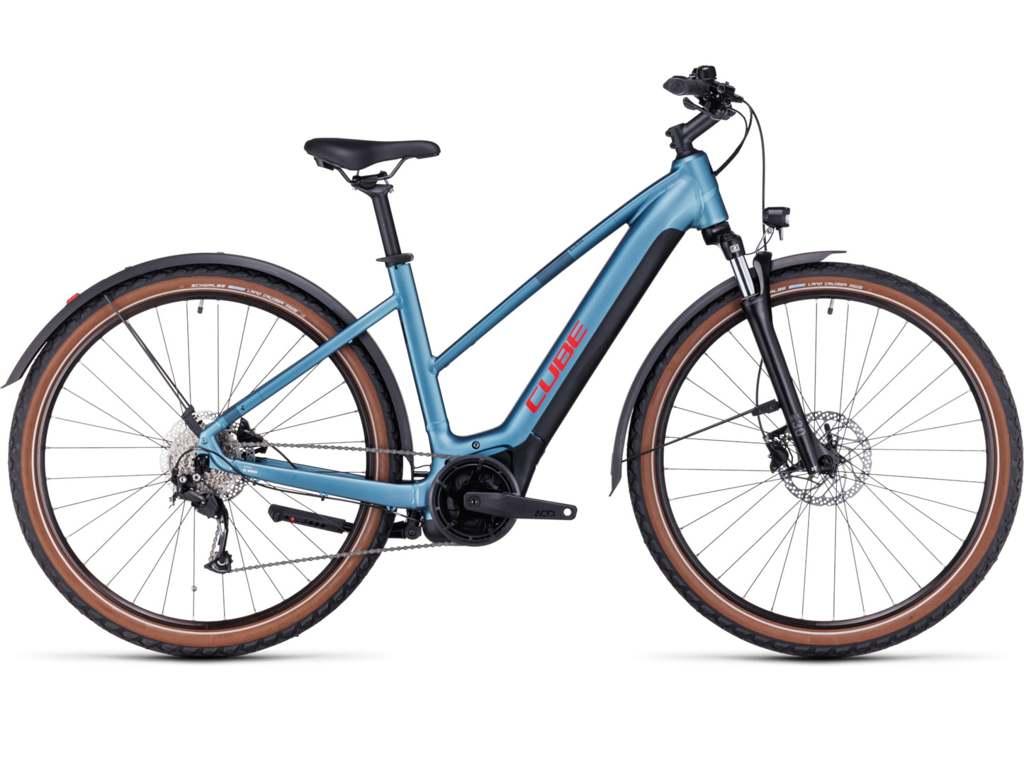 Cube Nuride Hybrid Performance 500 Allroad Trapeze eMTB hardtail metalblue n red side profile on Fly Rides