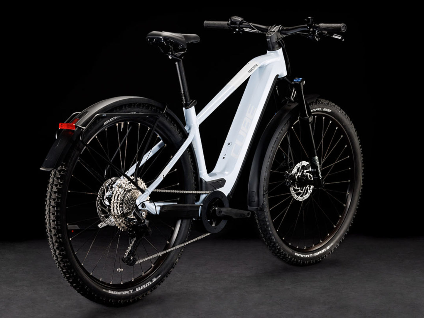 Cube Reaction Hybrid Pro 500 All Road eMTB hardtail flashwhite n black back right side profile on Fly Rides