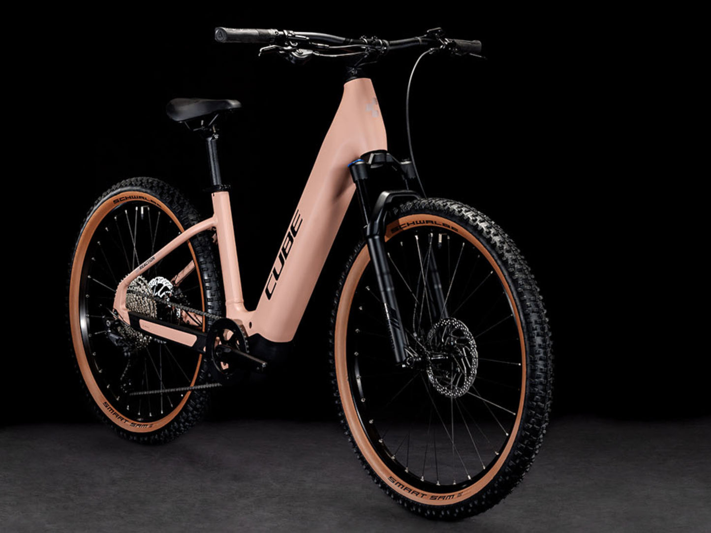 Cube Reaction Hybrid Pro 500 Easy Entry eMTB hardtail blushrose n silver front right side profile on Fly Rides