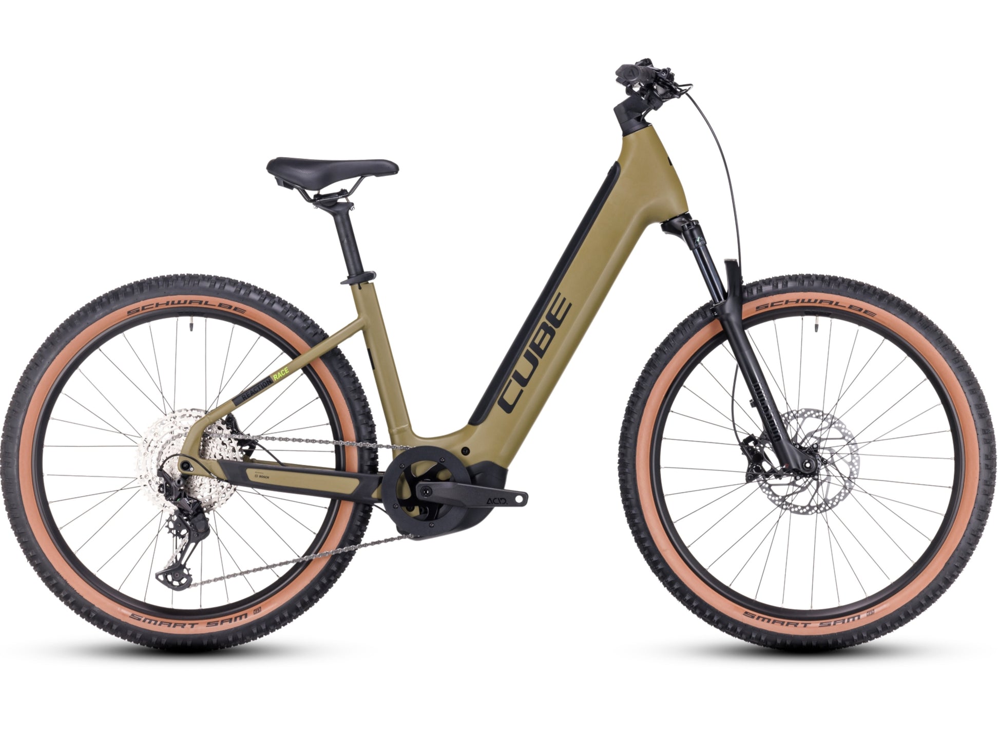 Cube Reaction Hybrid Race 625 Easy Entry eMTB hardtail olive n green side profile on Fly Rides