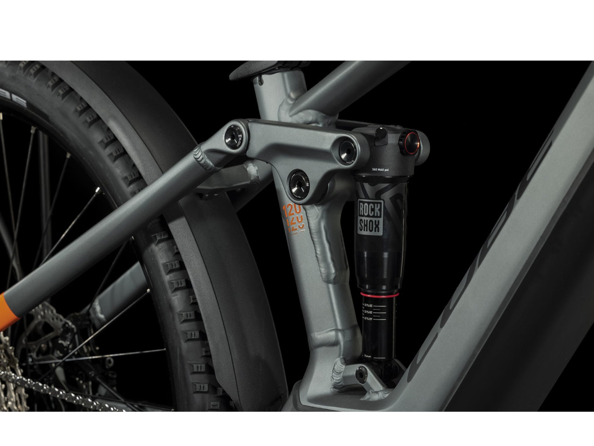 Cube Stereo Hybrid 120 PRO 625 Allroad eMTB full Suspension closeup RockShox Deluxe Select rear shock triangle