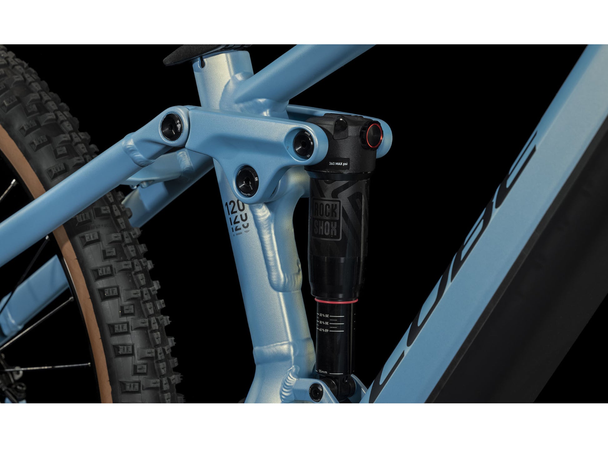 Cube Stereo Hybrid 120 PRO 625 eMTB full Suspension closeup RockShox Deluxe Select rear shock triangle