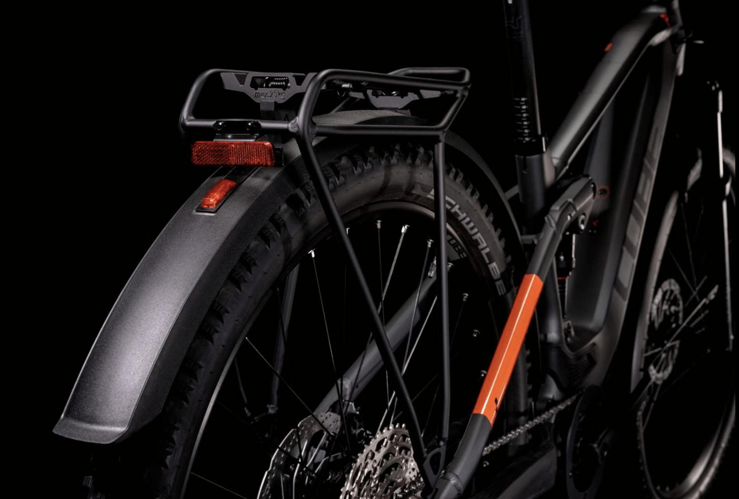 Cube Stereo Hybrid 120 Pro Allroad 625 electric mountain bike flashgray and orange rear tire fender on fly rides