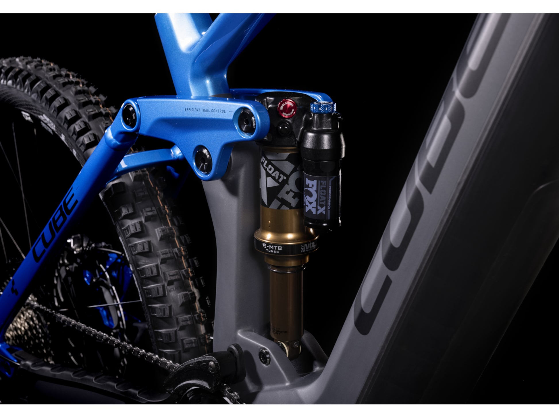 Cube Stereo Hybrid 160 HPC Actionteam 750 eMTB full Suspension closeup Fox Float X Factory rear shock triangle