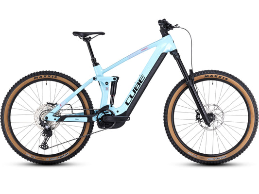 Cube Stereo Hybrid 160 HPC Race 625 eMTB full Suspension Iceblue n black side profile on Fly Rides