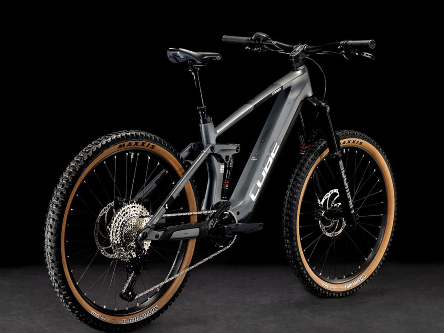 Cube Stereo Hybrid 160 HPC Race 625 eMTB full Suspension grey n metal back right side profile on Fly Rides