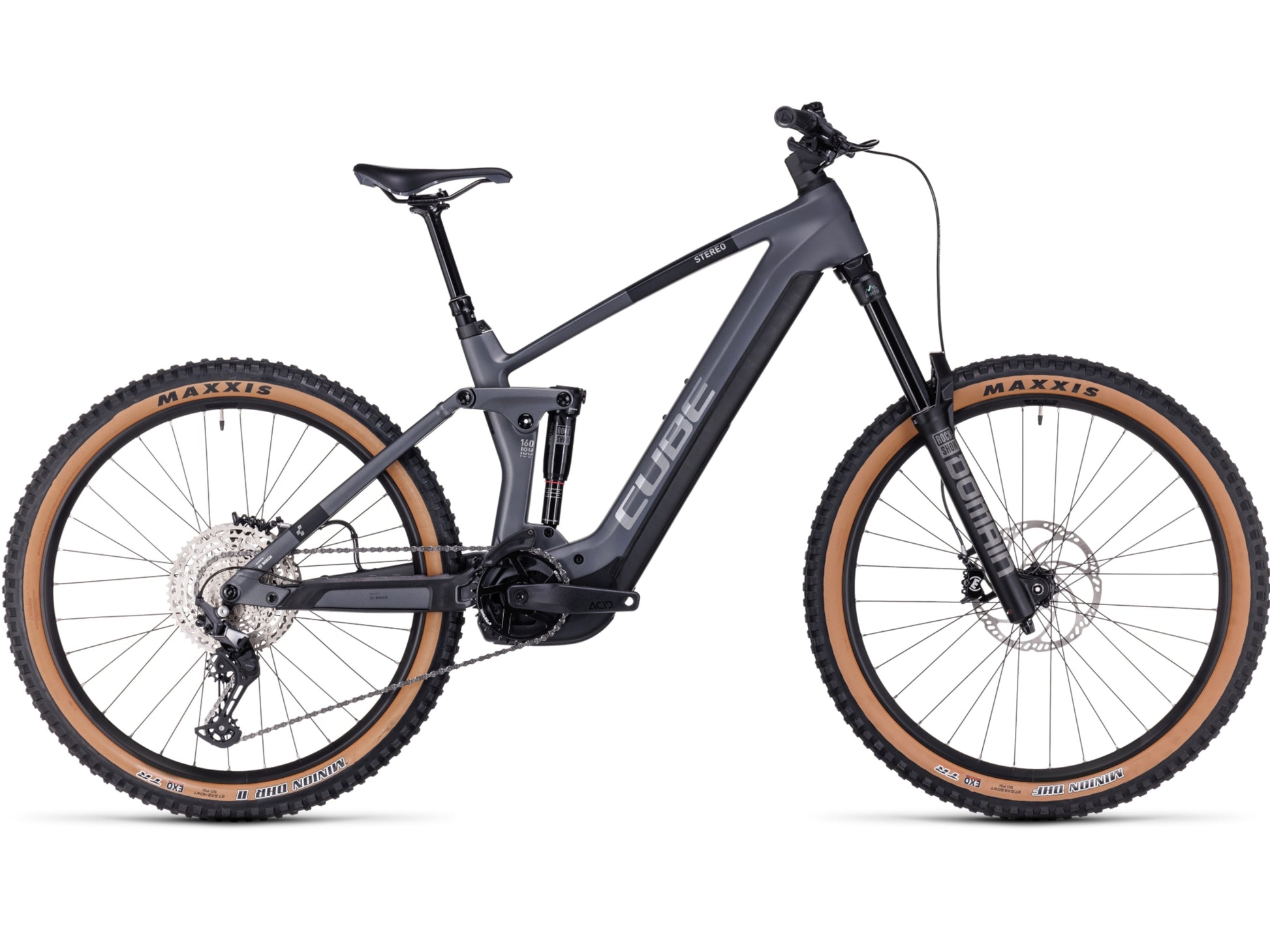 Cube Stereo Hybrid 160 HPC Race 625 eMTB full Suspension grey n metal side profile on Fly Rides