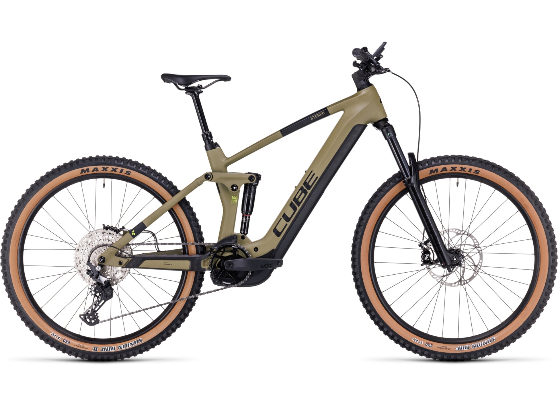 Cube Stereo Hybrid 160 HPC Race 625 eMTB full Suspension olive n green side profile on Fly Rides