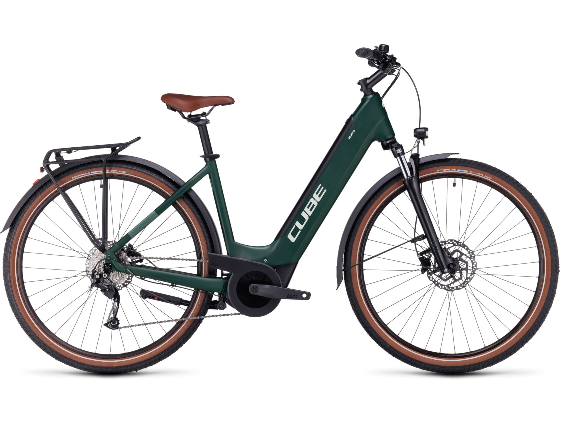 Cube Touring Hybrid ONE 500 Easy Entry eMTB hardtail darkgreen n green side profile on Fly Rides