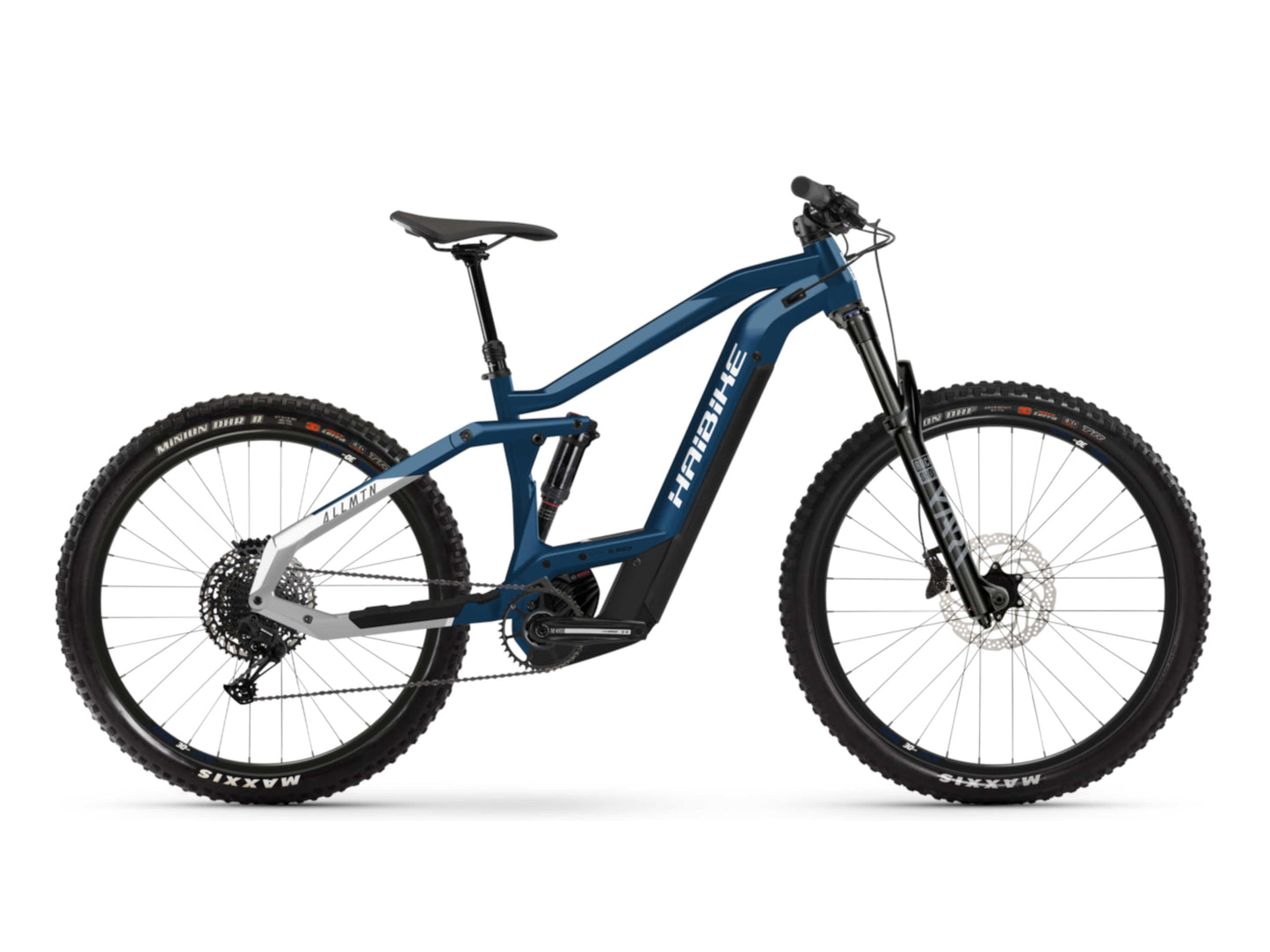 Haibike AllMtn 3 emtb full suspension midnight blue side view on Fly Rides