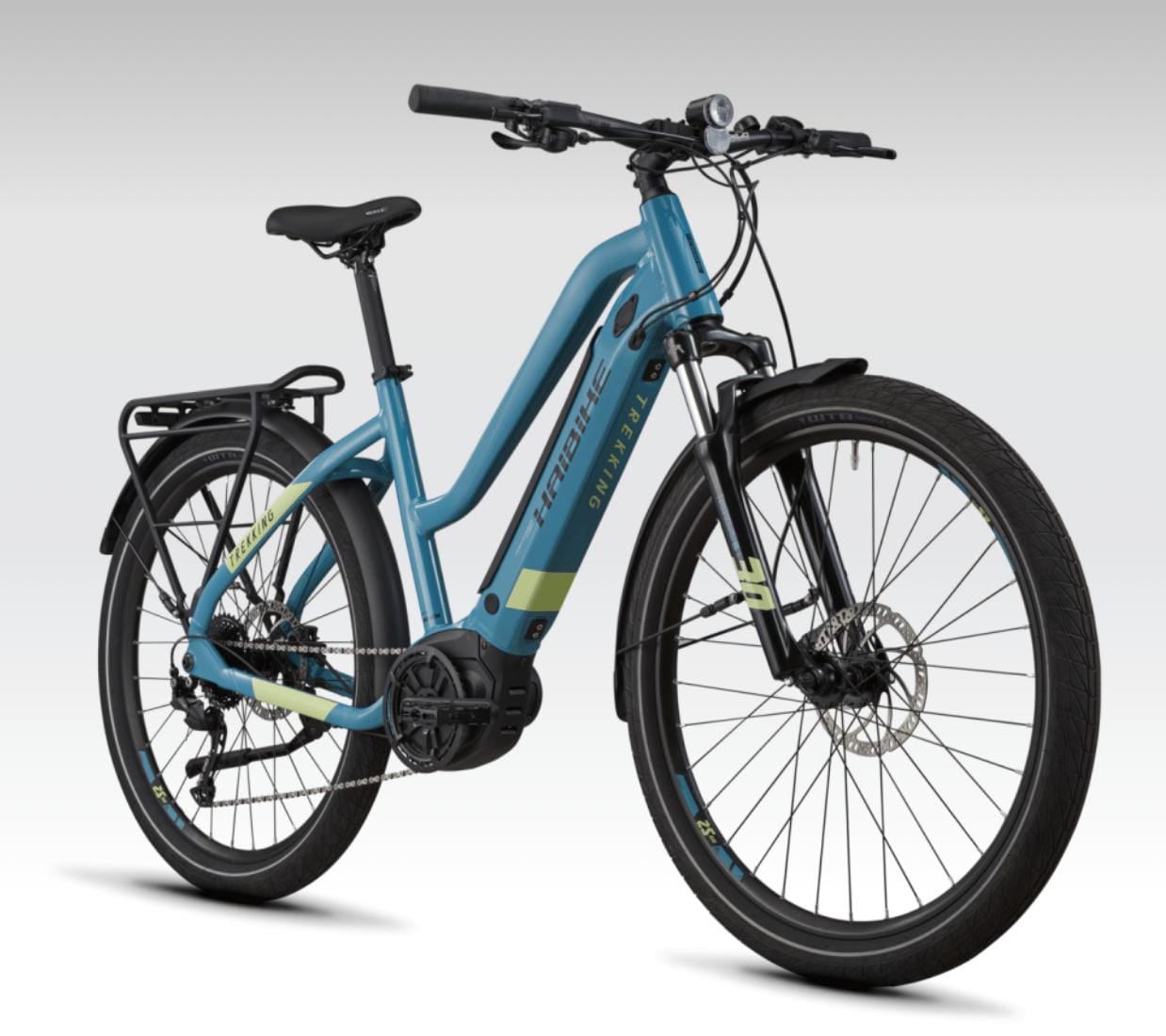 Haibike Trekking 5 Step Thru emtb hardtail arctic blue front side view on Fly Rides