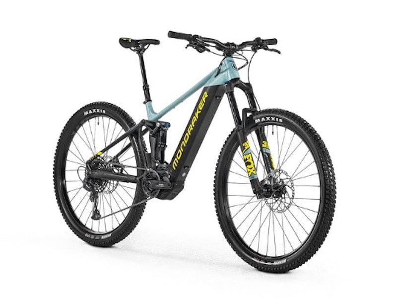 Mondraker Dusk R electric mountain bike Black Frost Green Yellow Front Quarter View on White Background on Fly Rides