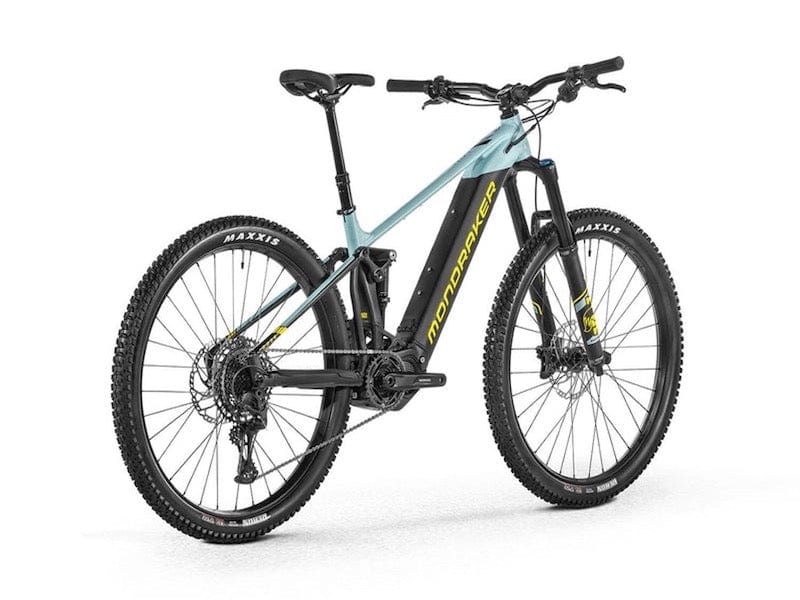 Mondraker Dusk R electric mountain bike Black Frost Green Yellow Back Quarter View on White Background on Fly Rides