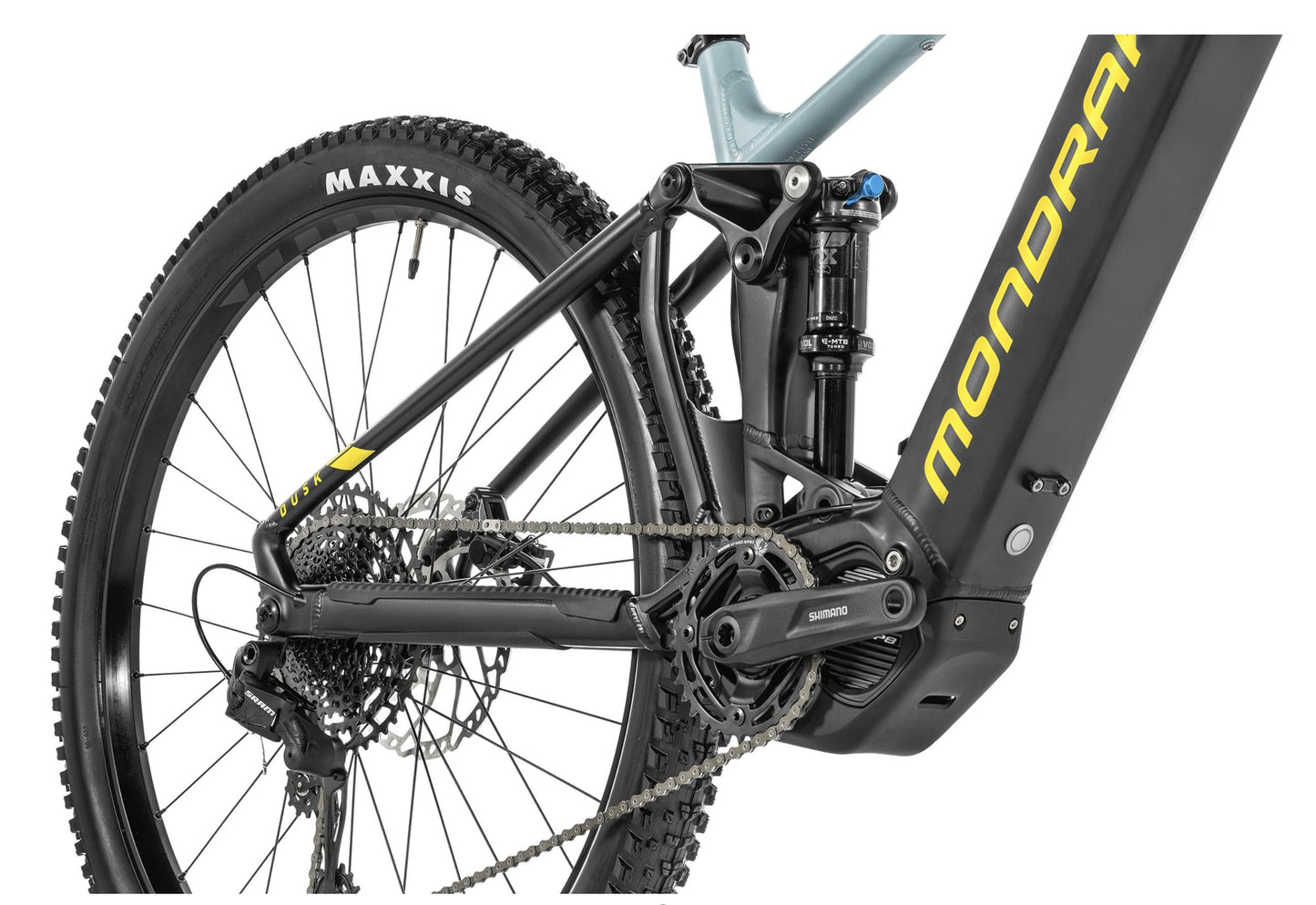 Mondraker Dusk R electric mountain bike Black Frost Green Yellow Back Tire and Motor on White Background on Fly Rides