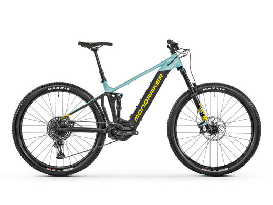 Mondraker Dusk R electric mountain bike Black Frost Green Yellow Profile on White Background on Fly Rides