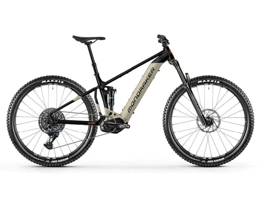 Mondraker Dusk eMTB full suspension Black desert grey orange side profile on Fly Rides