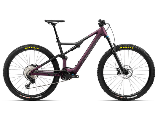 Orbea Rise H20 eMTB full suspension Metallic mulberry black side profile on Fly Rides