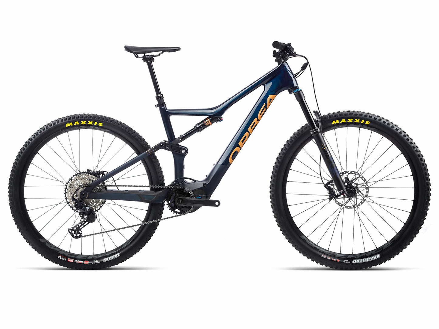 Orbea Rise M20 emtb full suspension coal blue gold side view on Fly Rides
