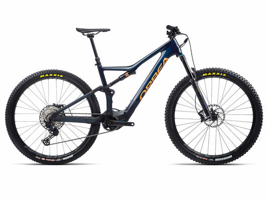 Orbea Rise M20 emtb full suspension coal blue gold side view on Fly Rides