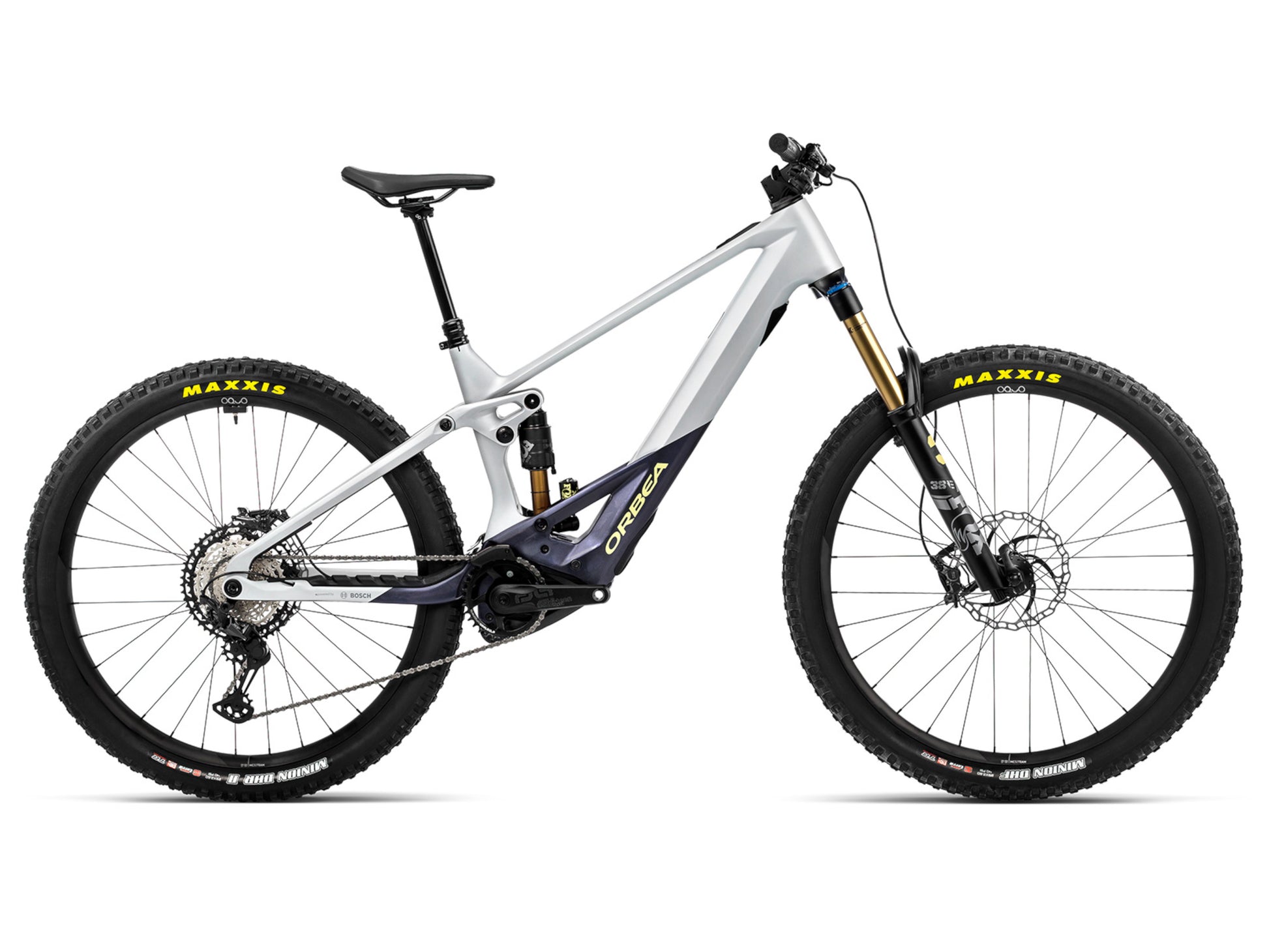 Orbea Wild M-TEAM eMTB full suspension Halo silver tanzanite carbon side profile on Fly Rides