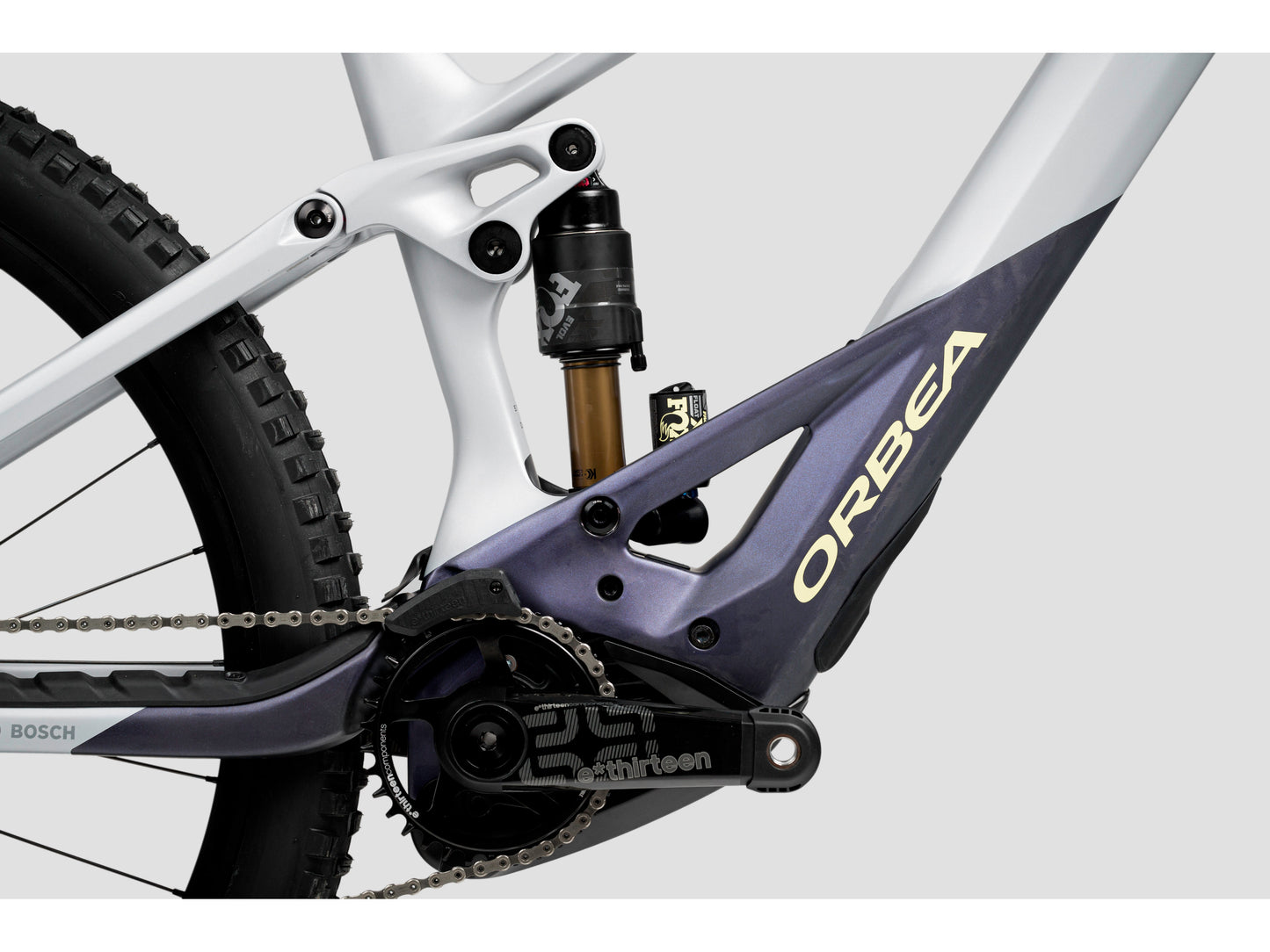 Orbea Wild M-TEAM eMTB full suspension close up rear shock crankset