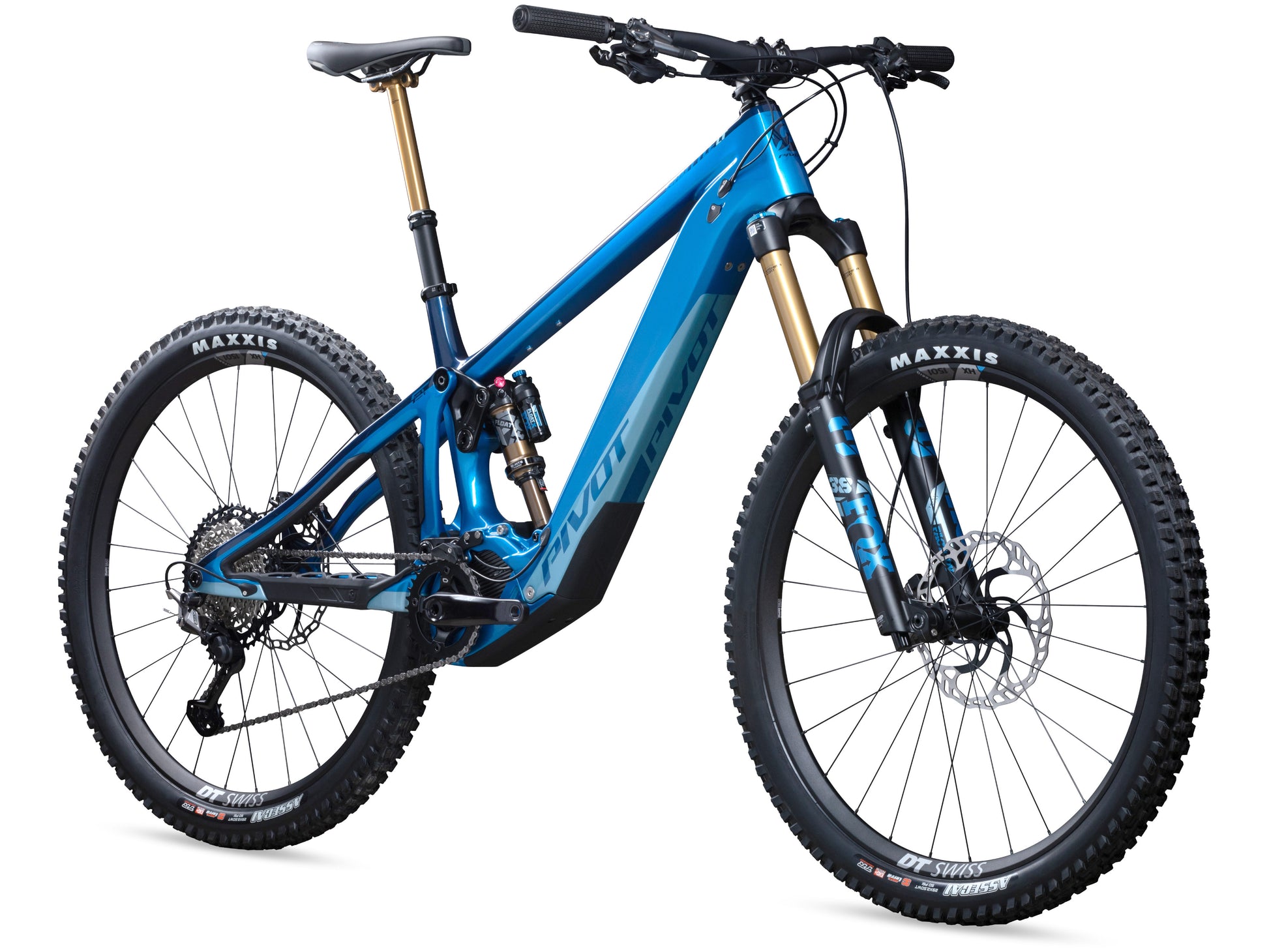 Pivot Shuttle LT Ride eMTB full suspension bass boat blue front right side profile on Fly Rides