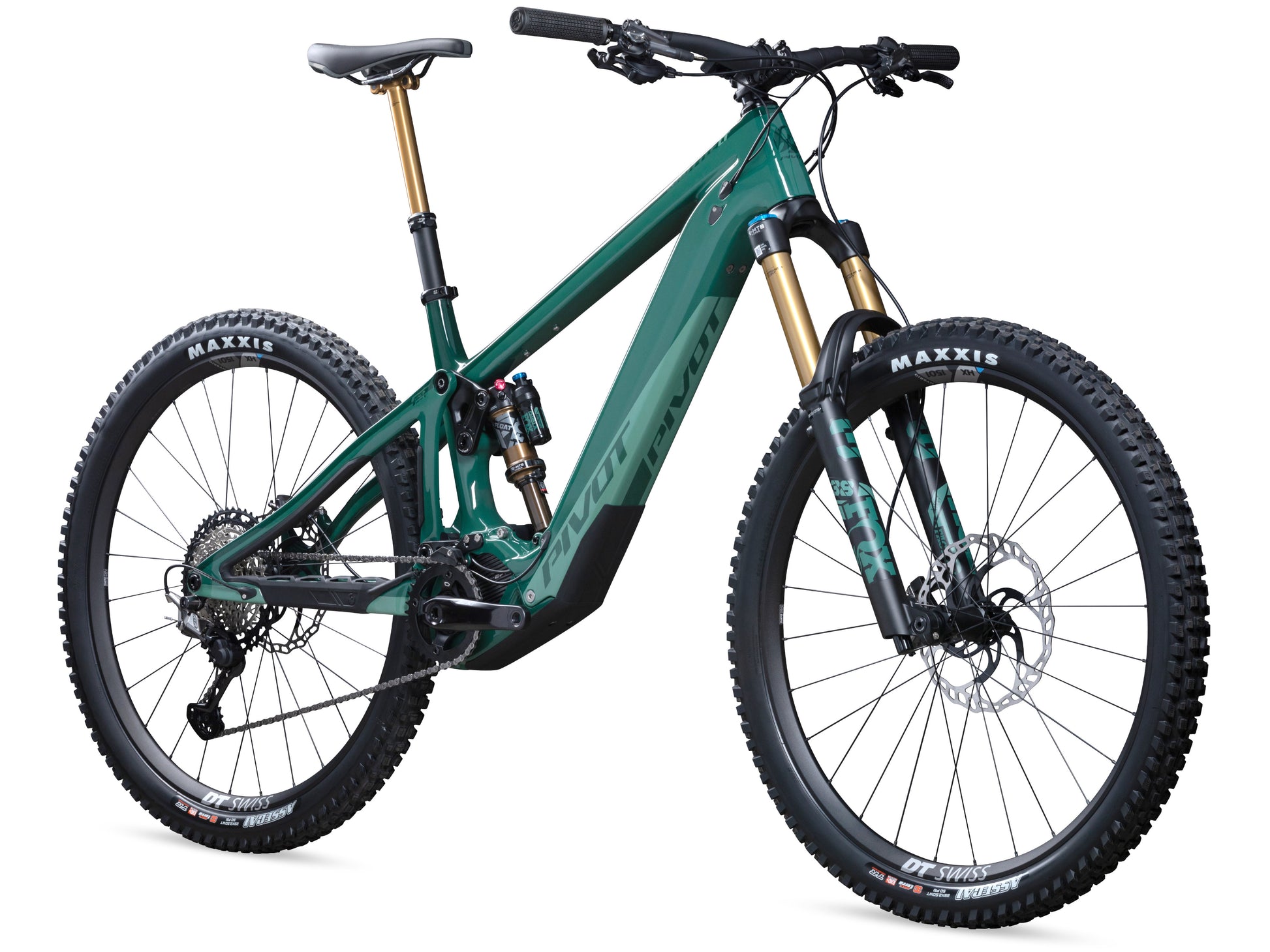 Pivot Shuttle LT Ride eMTB full suspension northern lights green front right side profile on Fly Rides