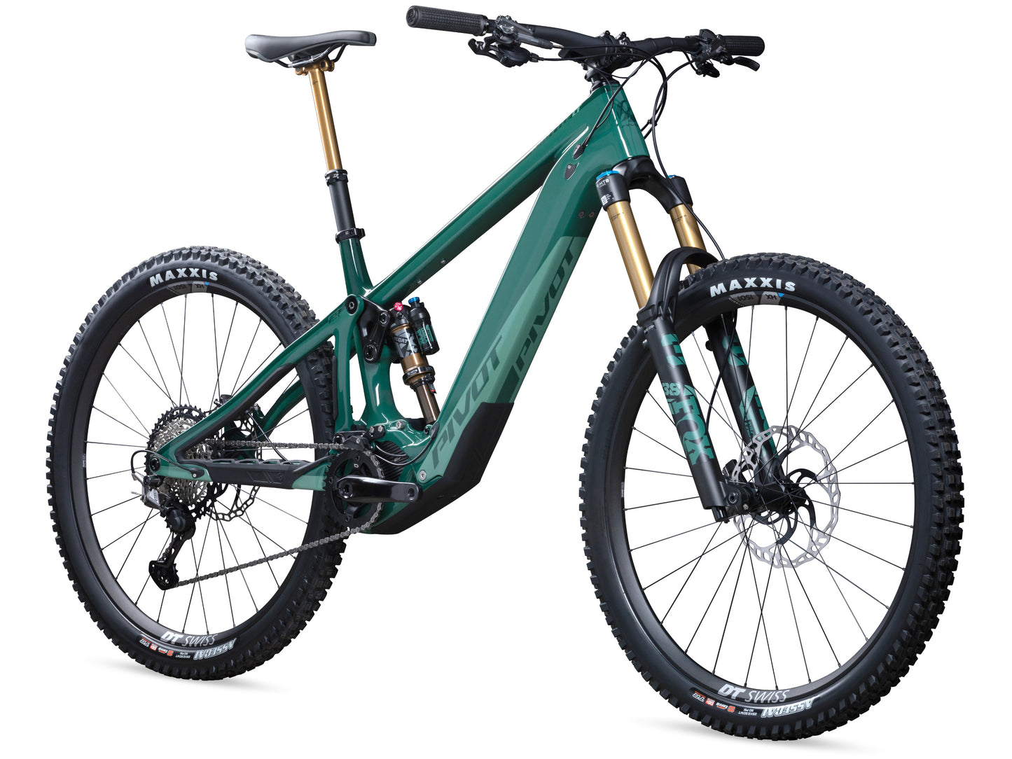 Pivot Shuttle LT Team XTR eMTB full suspension northern lights green front right side profile on Fly Rides