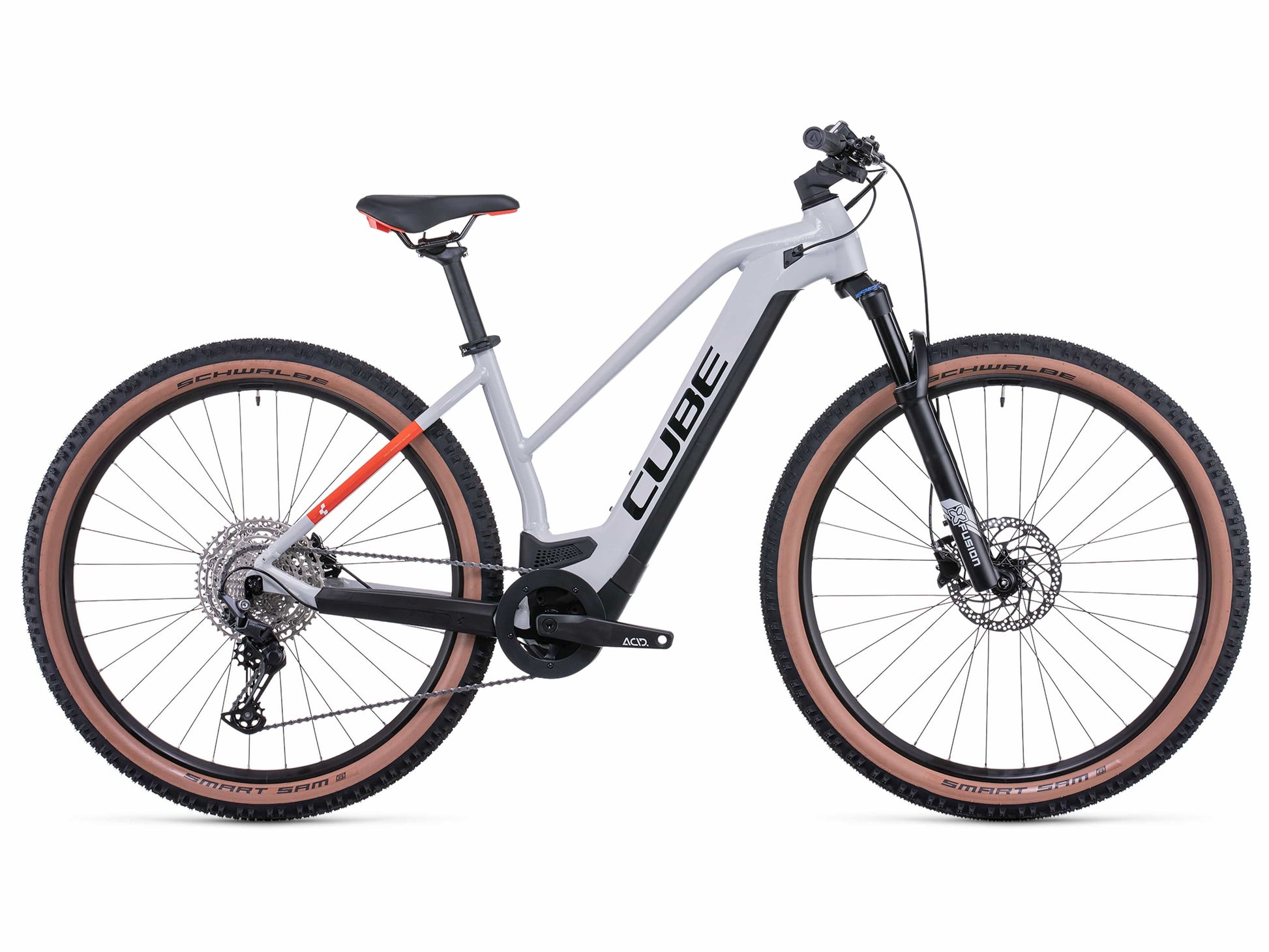Cube Reaction Hybrid Pro 500 Trapeze Frame hardtail grey and red profile on fly rides