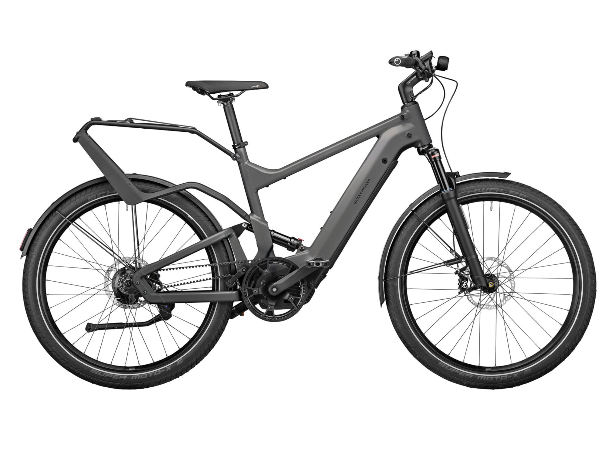 Riese and Muller Delite GT Rohloff eMTB full suspension urban grey profile on Fly Rides