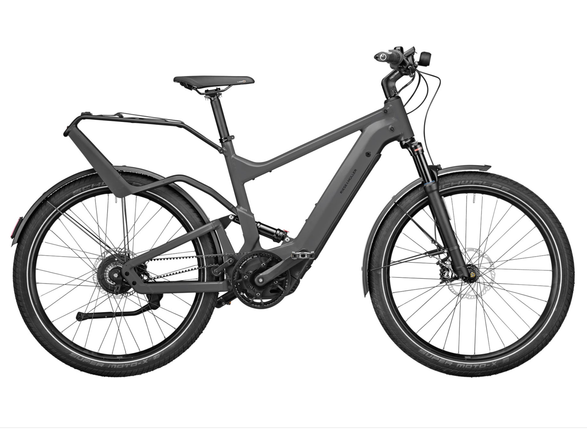 Riese and Muller Delite GT Vario eMTB full suspension urban grey profile on Fly Rides