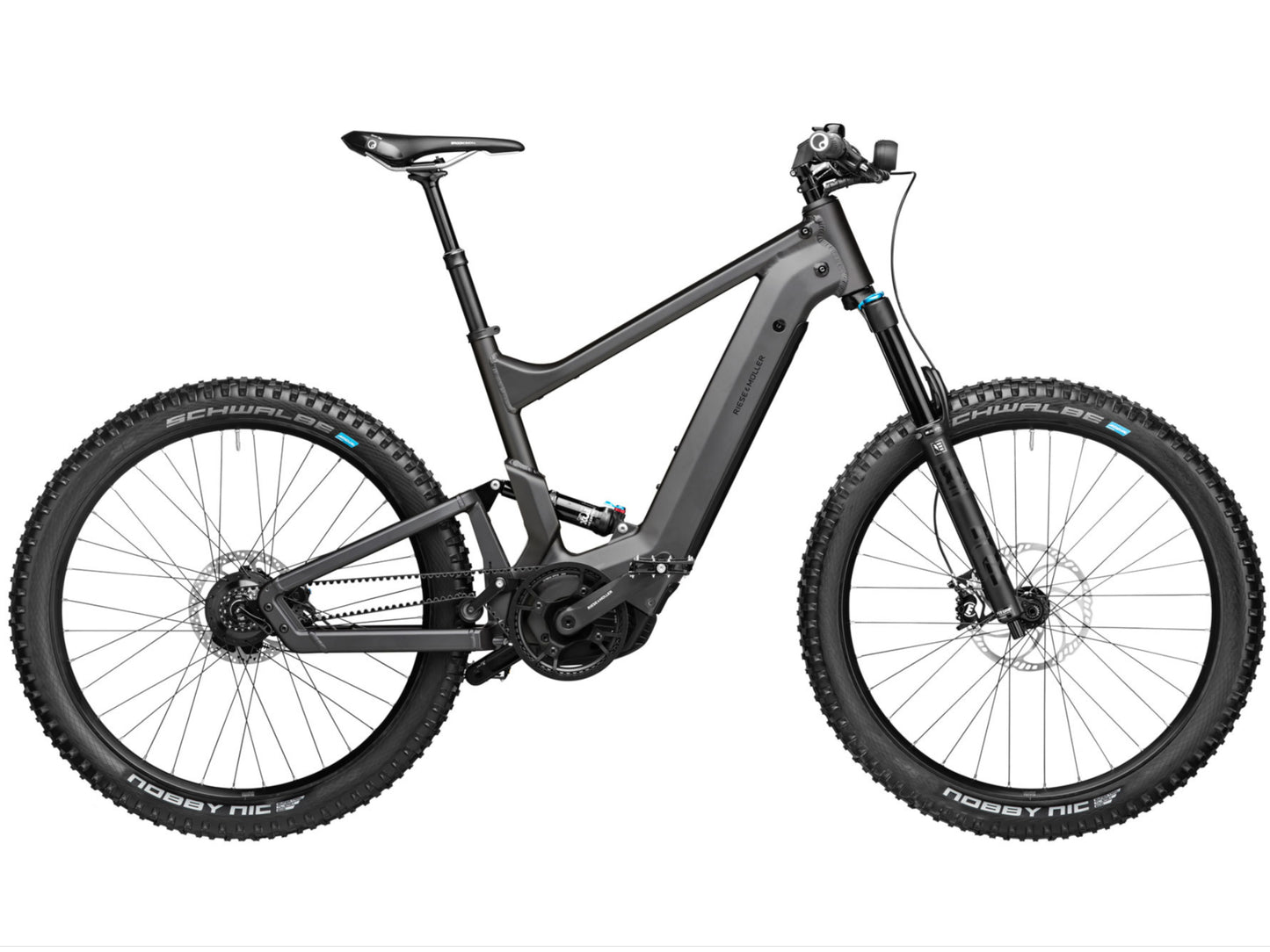 Riese and Muller Delite Mountain Rohloff eMTB full suspension urban grey profile on Fly Rides