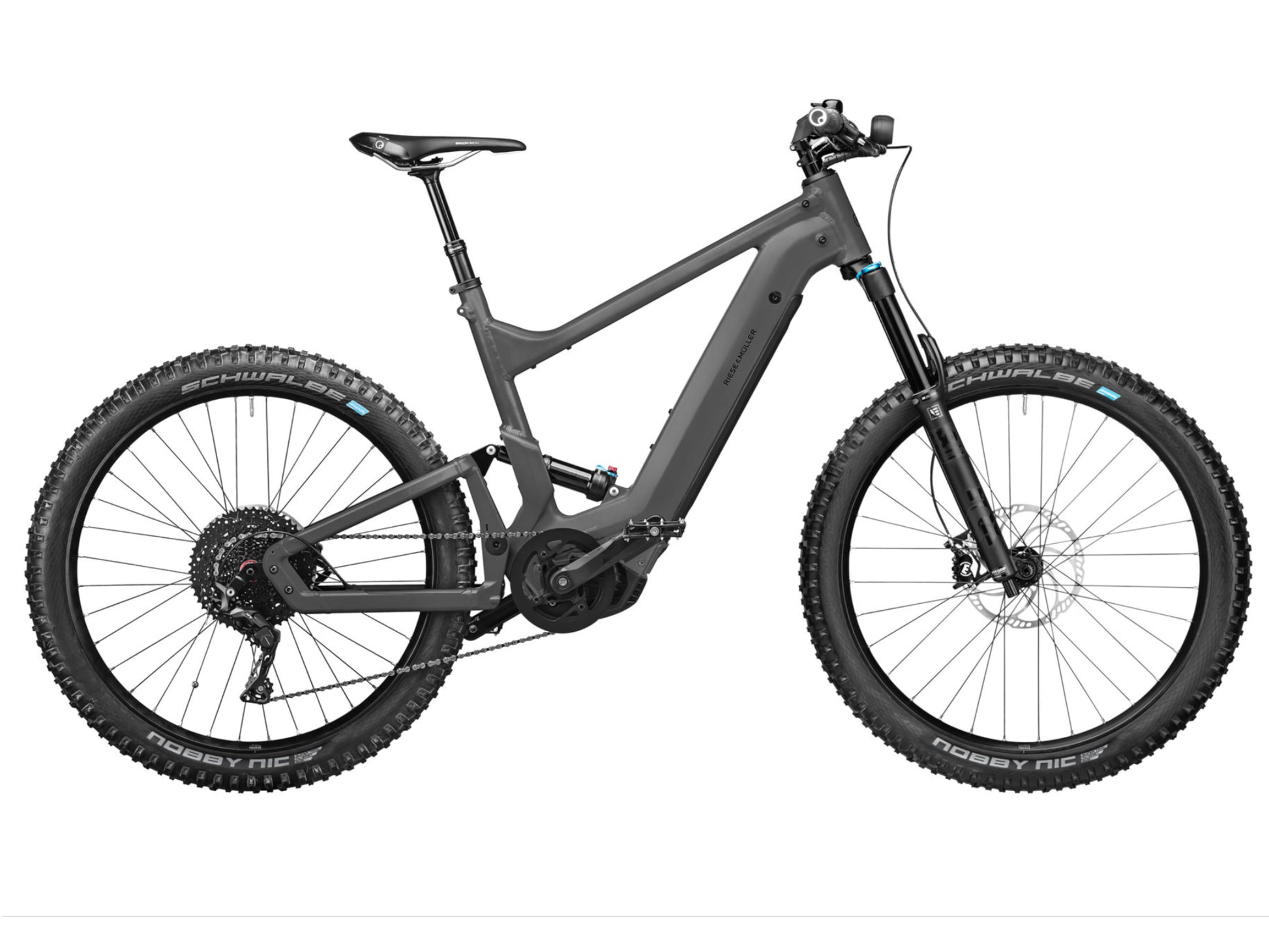 Riese and Muller Delite Mountain Touring eMTB full suspension urban grey profile on Fly Rides