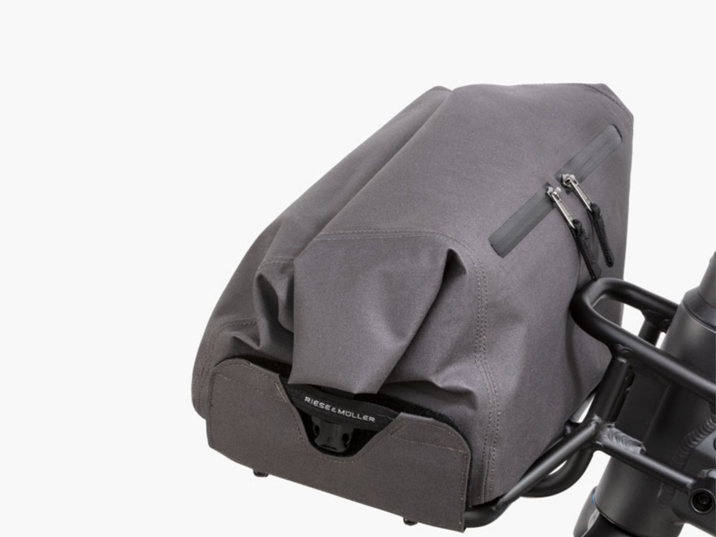 Riese and Muller Delite Vario eMTB full suspension close up front carrier with bag option