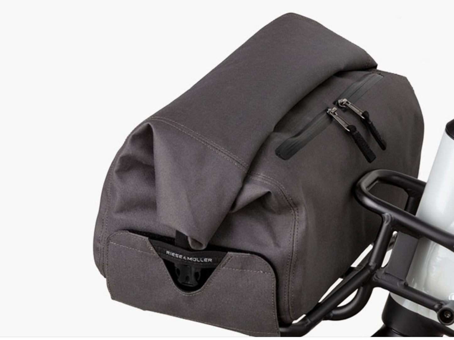 Riese and Muller Homage GT Touring eMTB full suspension close up front carrier bag option