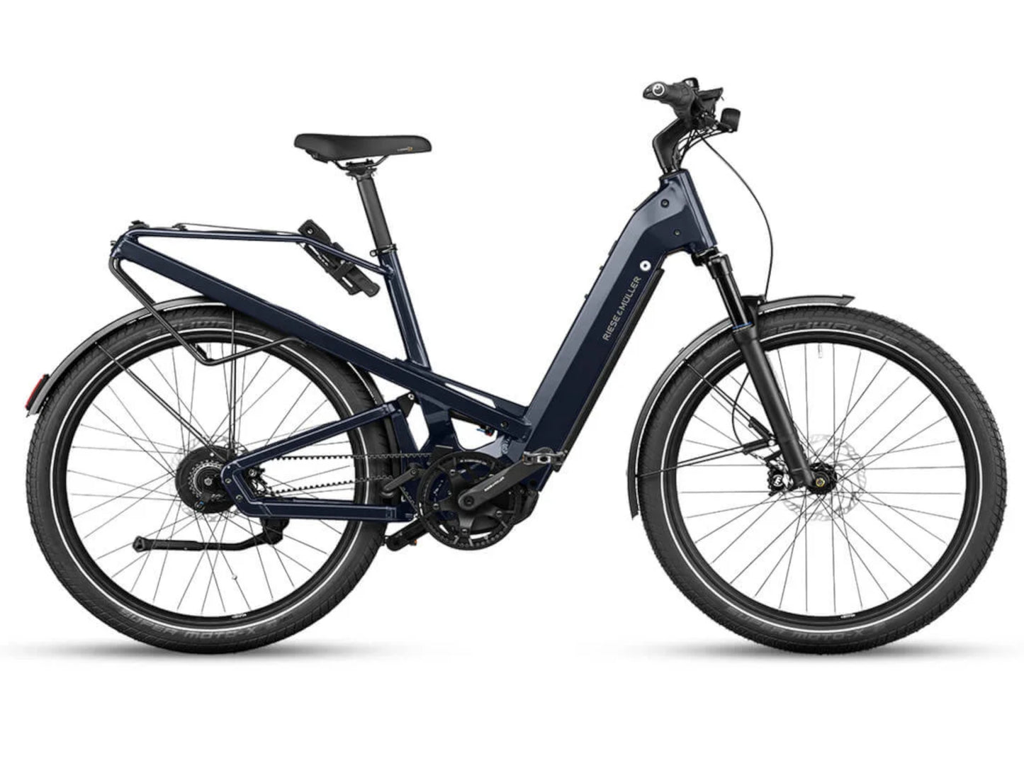 Riese and Muller Homage GT Vario eMTB full suspension deep sea blue profile on Fly Rides