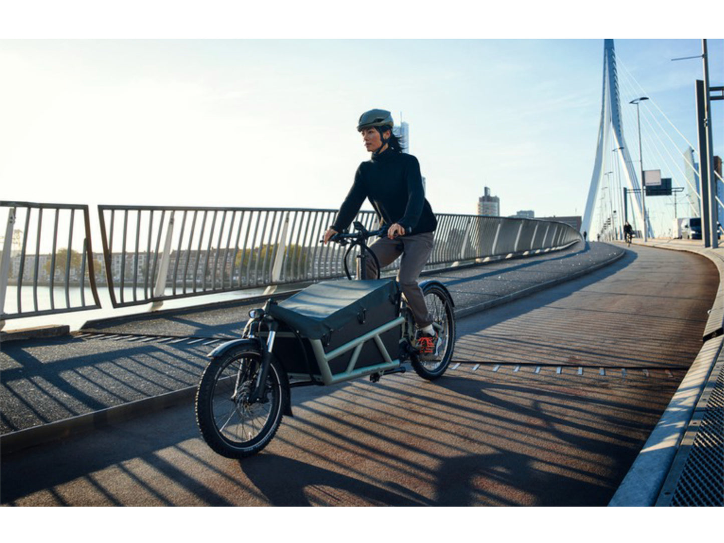 Riese & Muller Load4 60 Touring HS eMtb full suspension person riding across city bridge