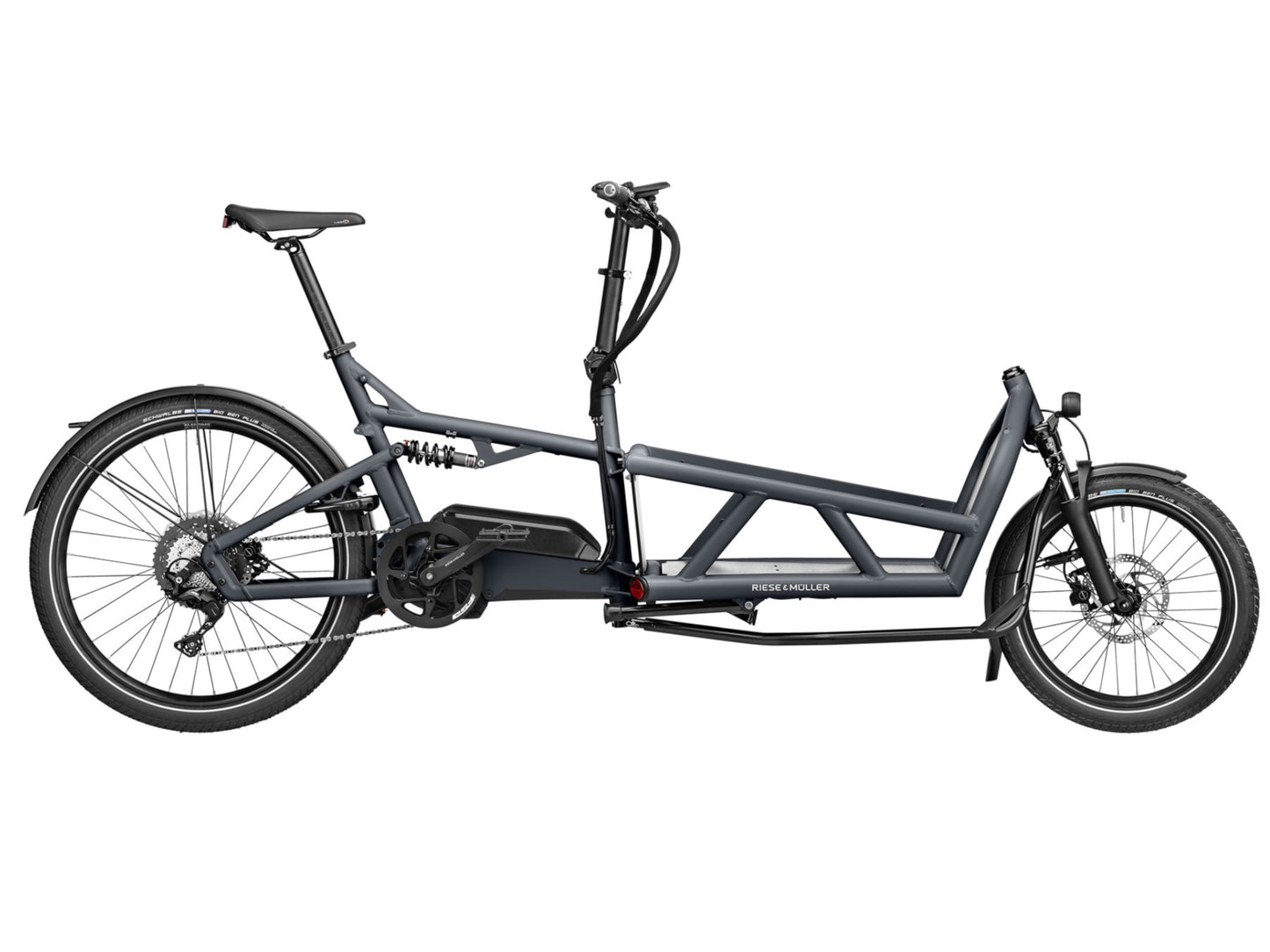 Riese & Muller Load4 60 Touring eMtb full suspension coal grey side profile on Fly Rides