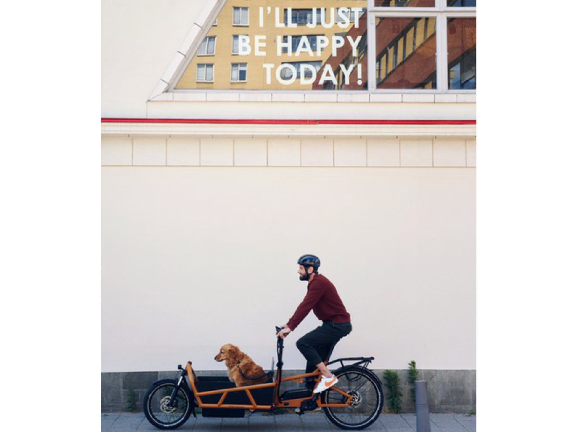 Riese & Muller Load4 75 Touring eMtb full suspension man & dog riding down city street.