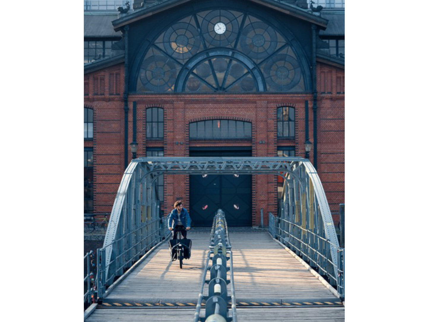 Riese and Muller Load 75 Rohloff Full suspension Electric Bike Cargo. Man riding across bridge city scape