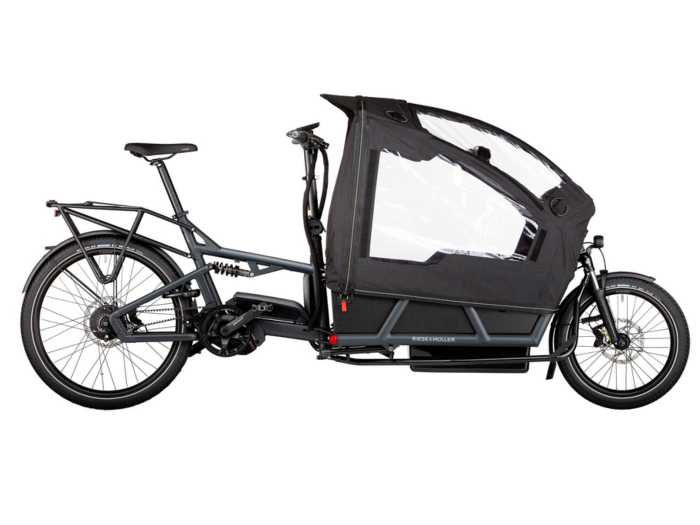 Riese and Muller Load 75 Rohloff HS eMTB full suspension Nyon Dual Battery carrier low sidewalls three child seats child cover options