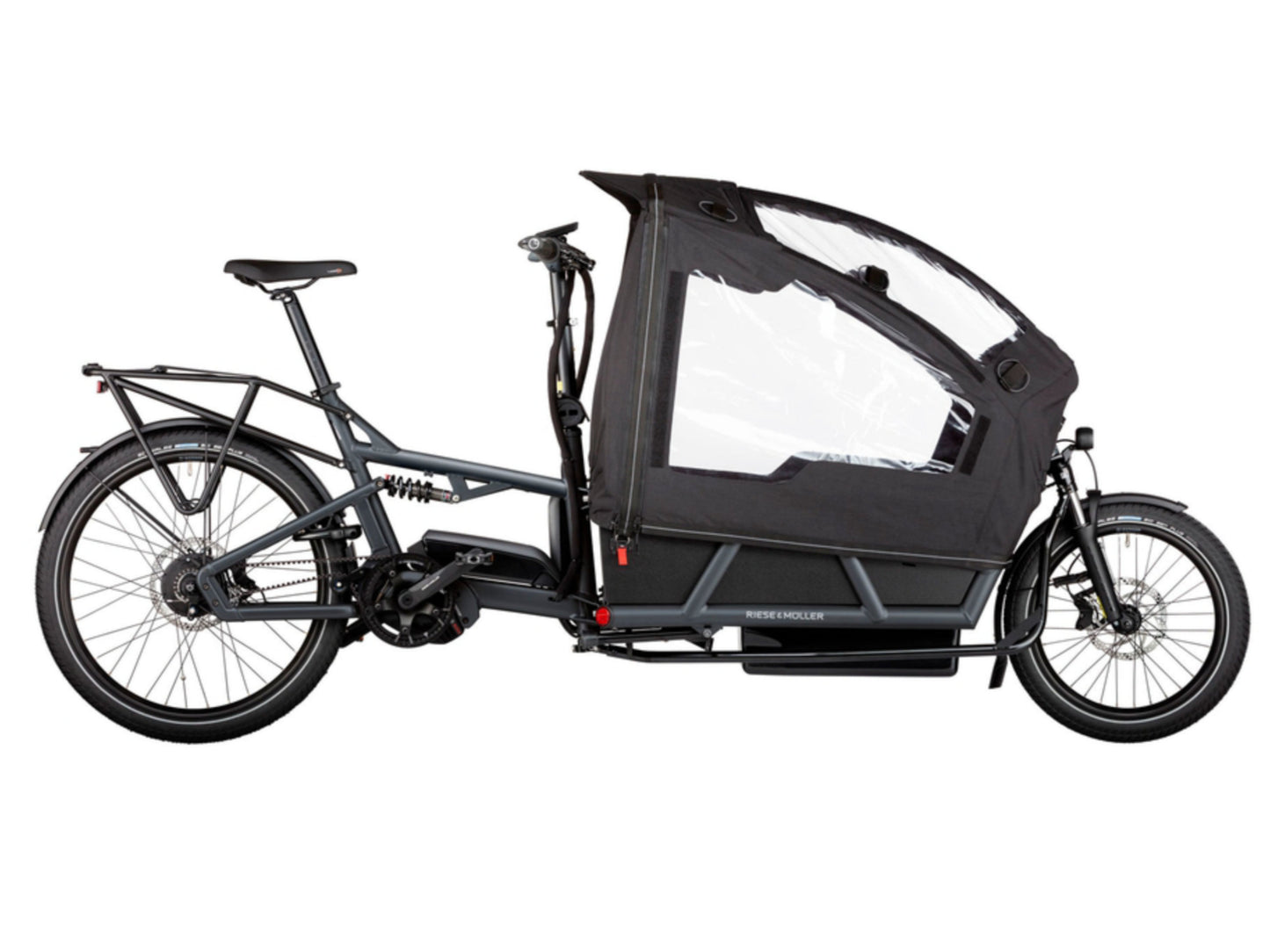 Riese and Muller Load 75 Vario eMTB full suspension Nyon Dual Battery carrier low sidewalls three child seats and child cover